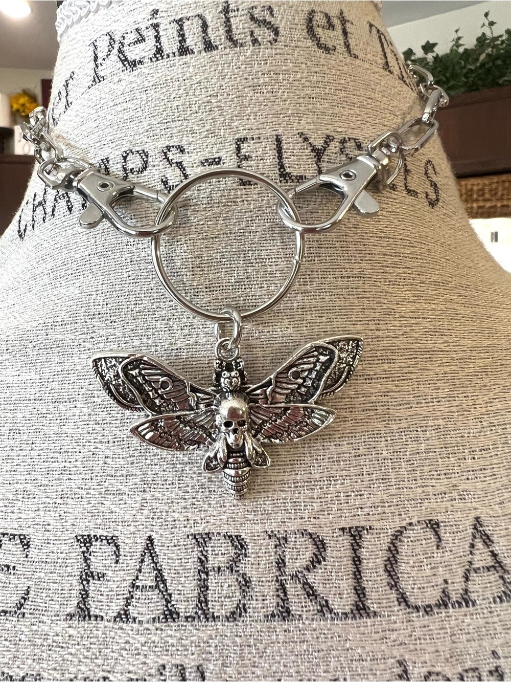 Silver Toned Moth Pendant Choker Necklace